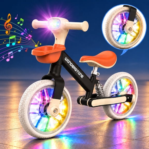 Wonderstone 10" Balance Bike for Kids with Colorful Lights/Music, Adjustable Seat Ride-On Toy with 2 Silent Wheels, Outdoor Toddler Training Bike for Boys and Girls Aged 2–6, Black