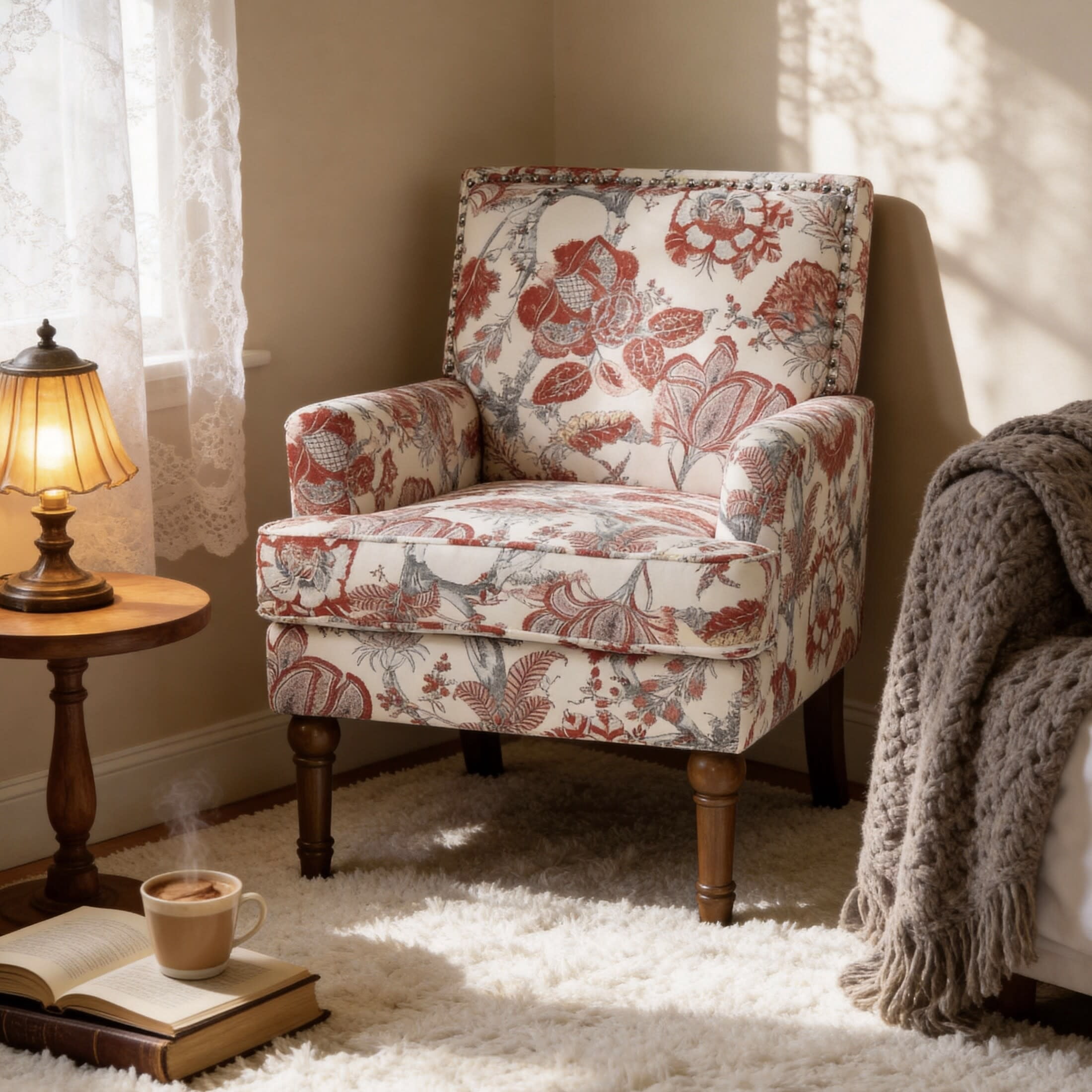 Noble House Floral Accent Chair with Nailhead Trim, Solid Wood Legs, Red + White