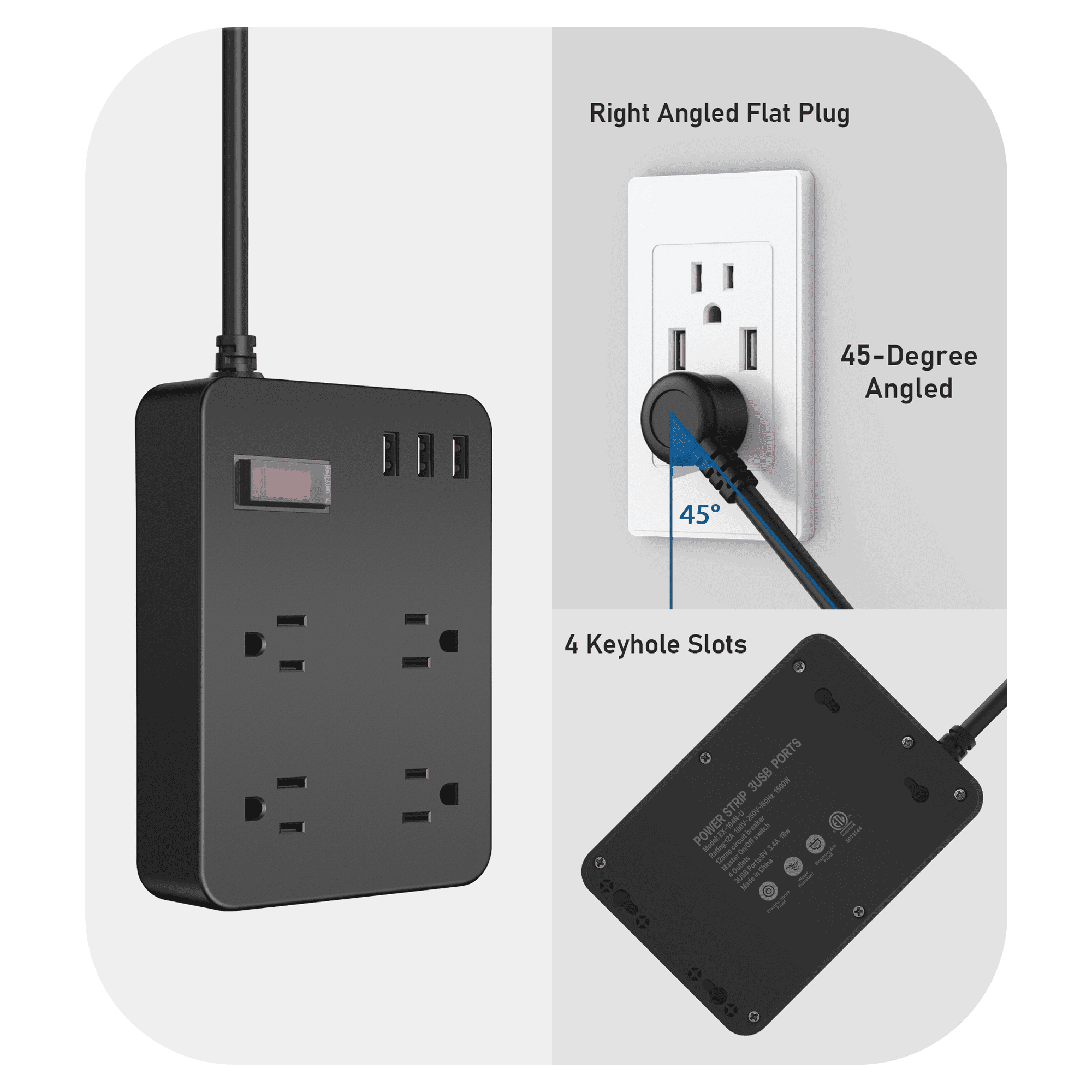 VILONG Outdoor Power Strip Waterproof with USB-C Fast Charging Station,4 Outlet Surge Protector,45°Flat Plug,6ft Extension Cord for Outside,ETL Listed