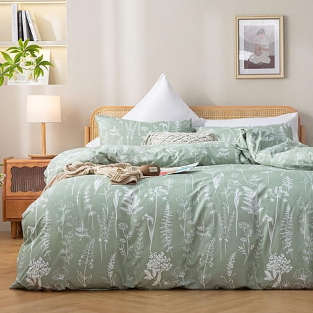 3 Pieces Floral Duvet Cover Queen, Sage Green Botanical Patterns Duvet Cover with Zipper Closure, Microfiber Reversible Bedding Set (2 Pillow Cases)