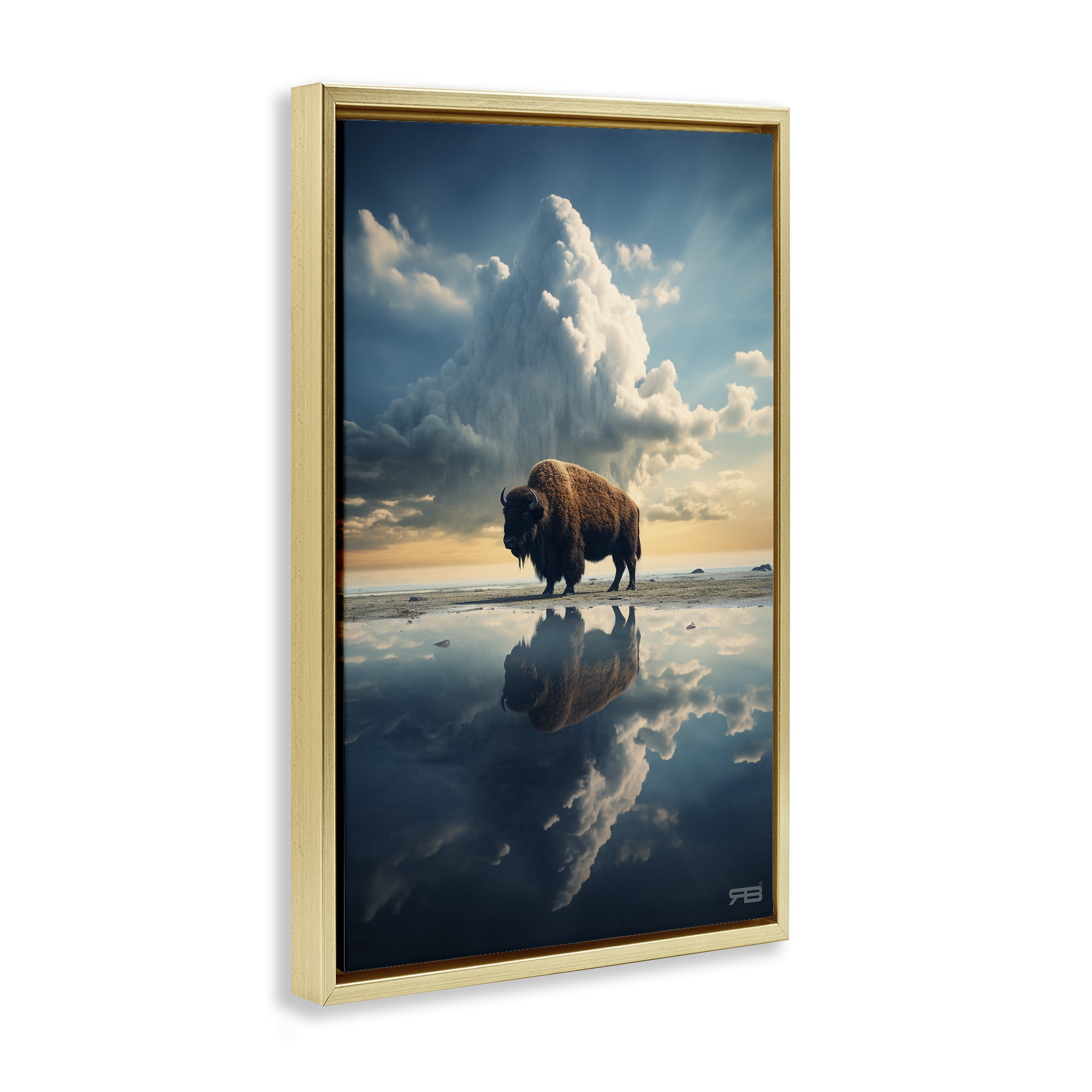 Stupell Industries Bison & Reflective Clouds Landscape Painting Gold Floater Framed Art Print Wall Art, 21 x 31