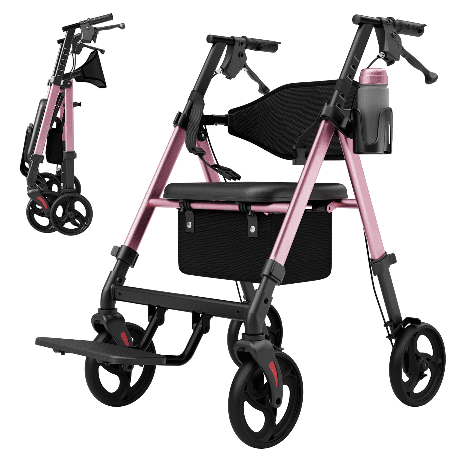 Lightweight Rollator Walkers Wheelchair Combo for Seniors with Seat, 22LBS Foldable Rollator Walker with Footrest, Widened Backrest, Portable Rolling Walkers with Cup Holder & Storage Basket, Pink