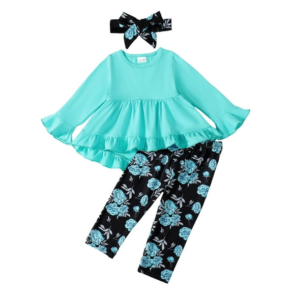 Kucnuzki 3T Toddler Girl Pant Sets 4T Toddler Girl Clothing Sets Flared Long Sleeves Top Solid Color Shirt Top Floral Pants with Headband 3pcs Sets Green