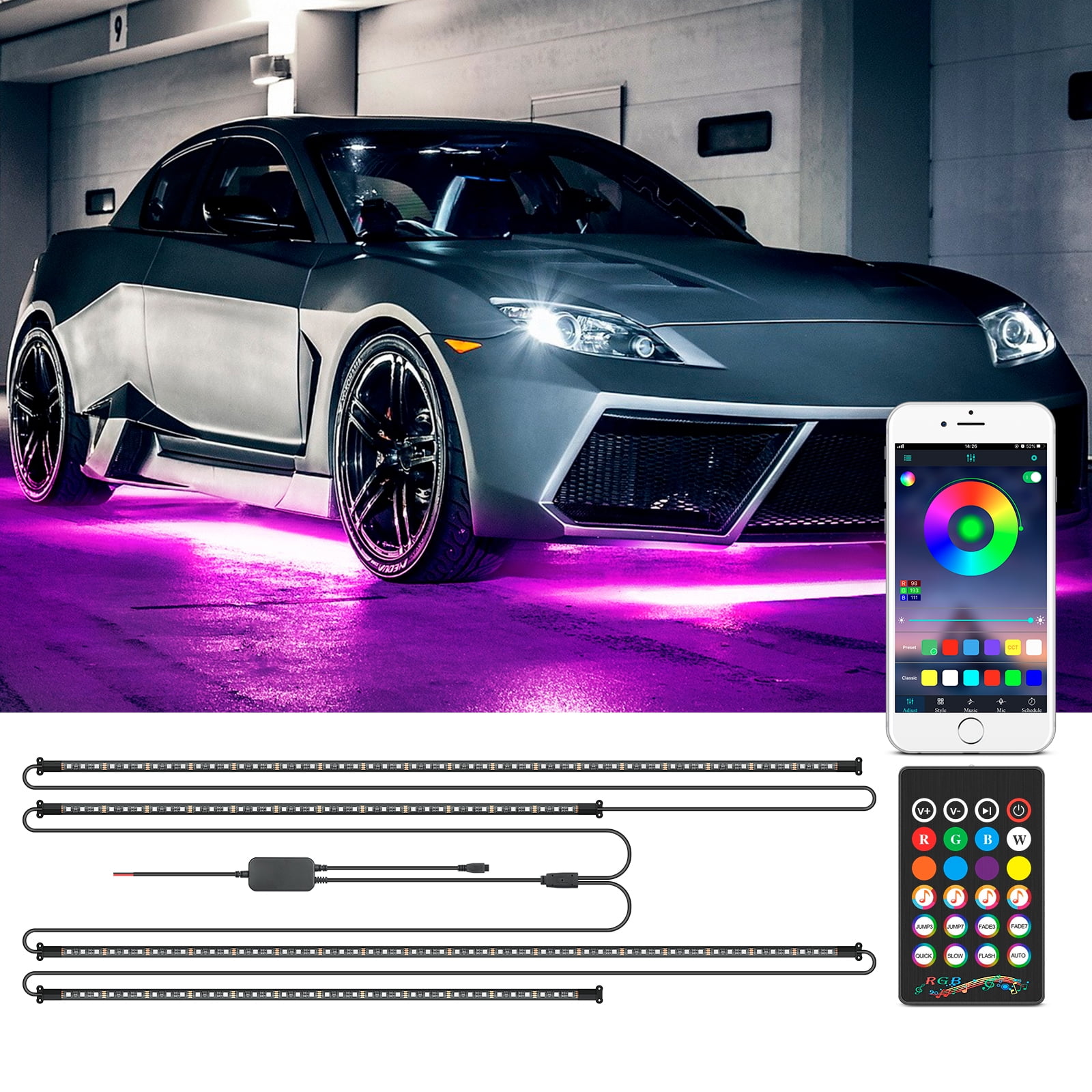 Under Car Led Lights 16 Million Colors Neon Accent Lights Kit,Car Led Strip Lights Sync to Music and App Control,Dc 12V Car Underglow Lights 