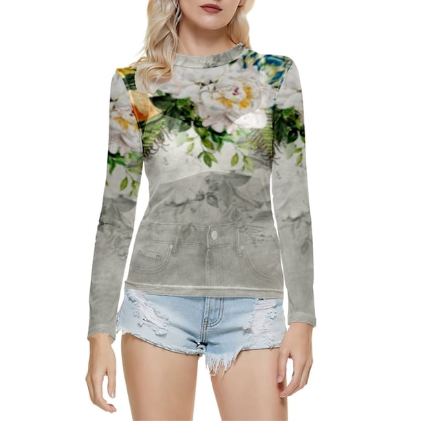 Gibobby Blusas Termicas Dama Blusa de manga larga con cuello redondo a la moda de verano para mujer, camisa estampada superior semitransparente, camisa inferior(Blanco, XXL)