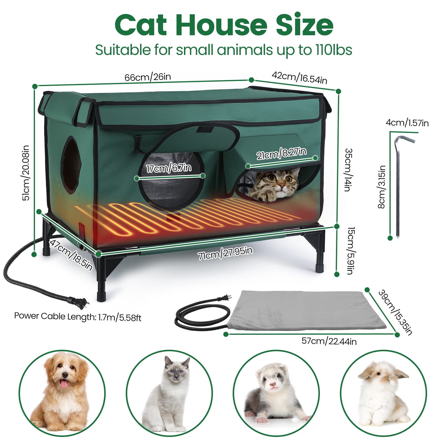 Waterproof Heated Cat House Outdoor Weatherproof Insulated Kitty Shelter with Heating Pad Anti-Chew Cord 2 Doors 3 Windows for Indoors Outdoors Winter Summer