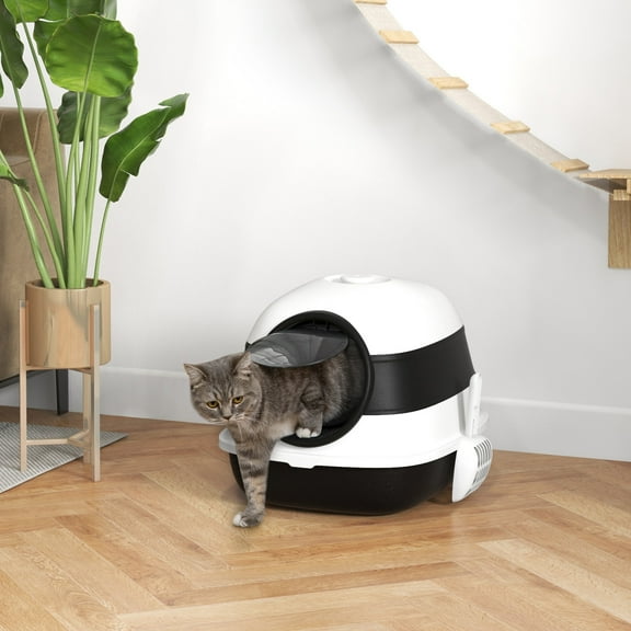 PawHut Dome Covered Cat Litter Box with Lid, White, and Black