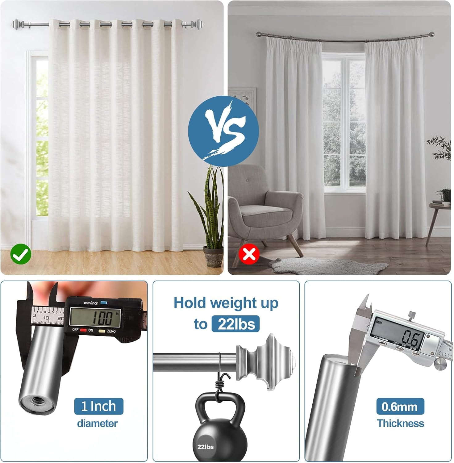 Urbanest Adjustable Double Curtain Rod Set Pila Flat Button Finials – 1″ Front & 3/4″ Back Rod With Brushed Steel Rod, 84–120 Inches