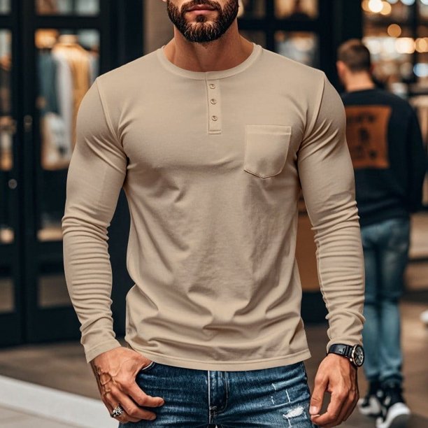 pstuiky Camisas de invierno de manga larga para hombre, Camisas casuales de color liso con botones y bolsillos para hombre, de manga larga y cuello redondo Tops de talla grande para hombre m