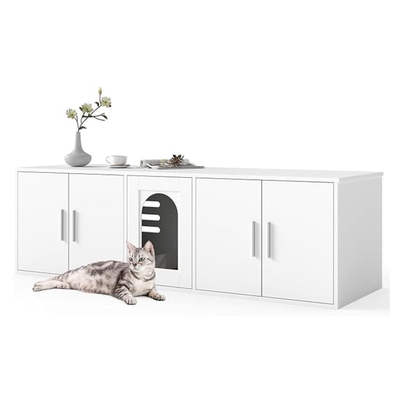 Double Cat Litter Box Enclosure for 2 Cats, 58-Inch Long Modern Litter Box Enclosure Furniture with Double Room and Sisal Scratching Pad, White