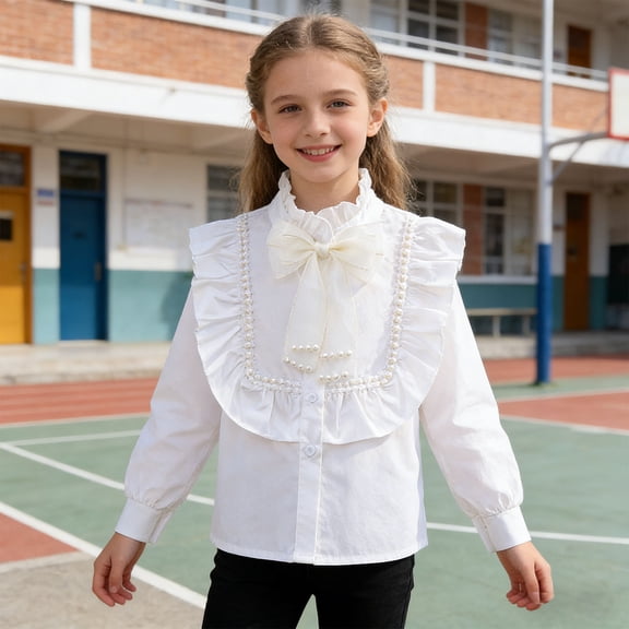 ITSAME Girls T-Shirt, Cute Bow Lightweight Ruffled School Uniform Trendy Comfortable Button Up Tees White 13T