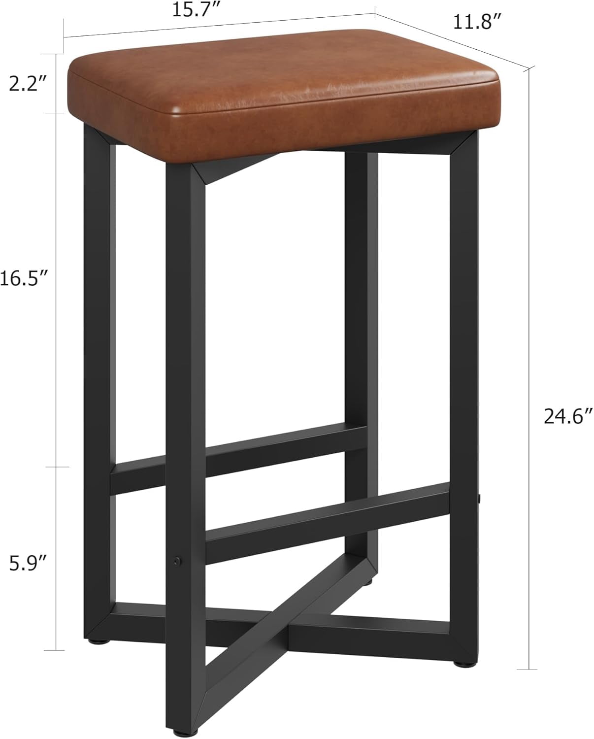 Towallmark Bar Stools Set of 2, 24.6" Counter Height Backless Barstools, Upholstered PU Leather Seats with Metal X-Frame & Footrest, Modern Kitchen Stools for Home Bar, Dining Room, Brown