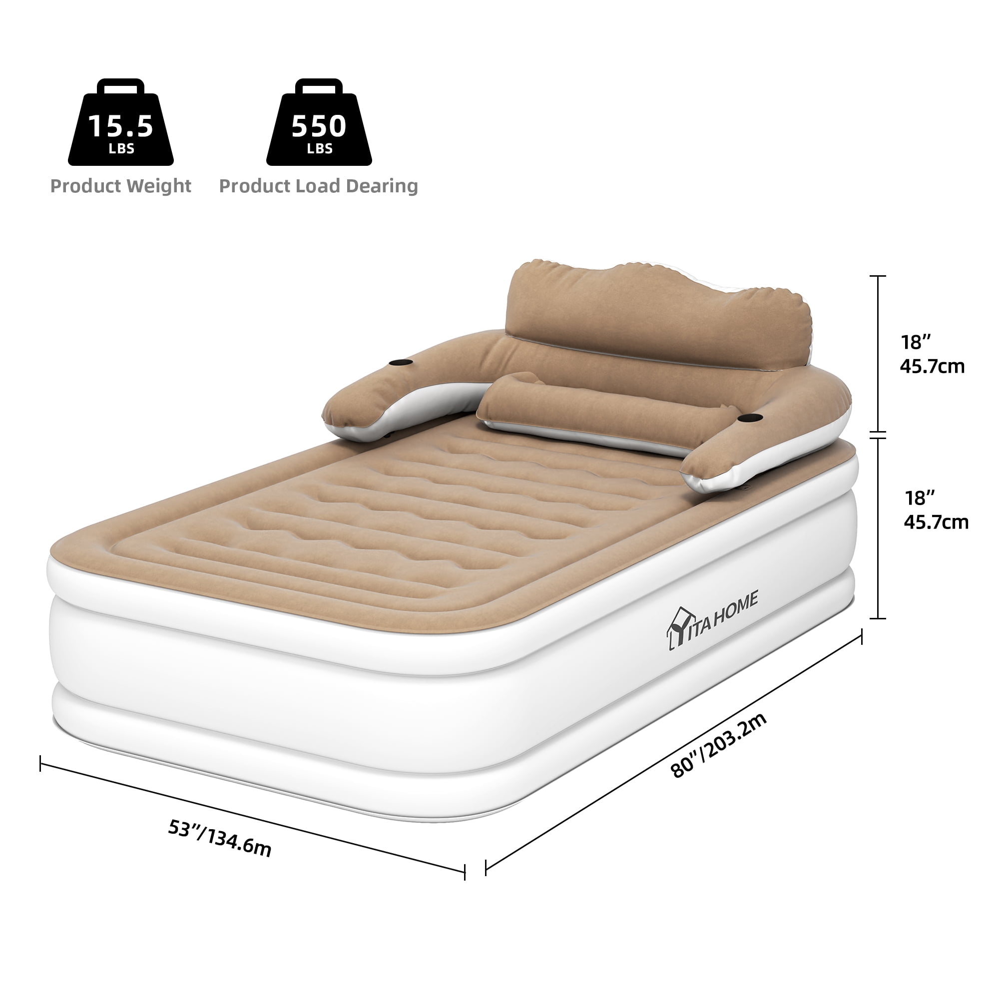Dextrus Queen Size Inflatable Air Mattress with Built-in Pump, White Frame & Khaki Top, Includes Repair Kit & Storage Bag, Supports Inflation/Deflation