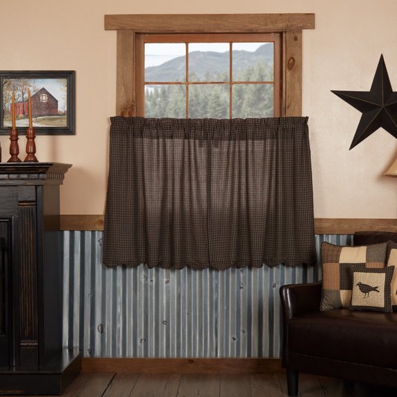 Cozy and Elegance - Primitive 36"x36" Plaid Tier Pair Black Rod Kitchen Window Curtains
