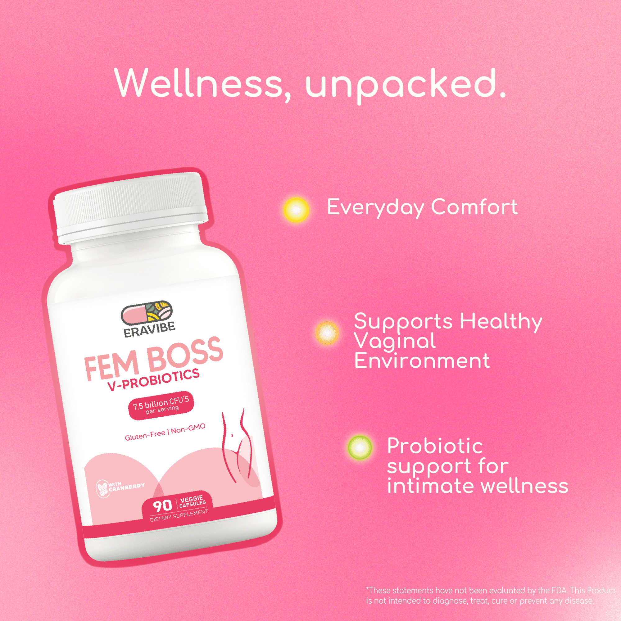 ERAVIBE Women's Probiotic with Cranberry 7.5 B CFUs, Vaginal & Gut Microbiome Support, 90 Vegan Capsules