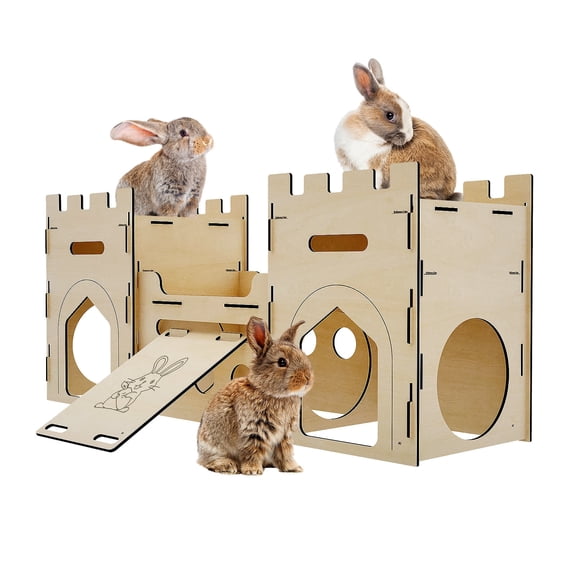 HIIMALEX Extra Large Wooden Bunny Castle House Multistory Climbing Tower Hideout Ventilated Sturdy Habitat for Rabbit Guinea Pig Chinchilla Ferret (T1 Castle)