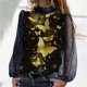 thumbnail image 3 of Moda mujer Casual mariposa impresa hilo neto lentejuelas empalme manga larga pulóver blusa camiseta Tops Fridja  hkj4805, 3 of 8