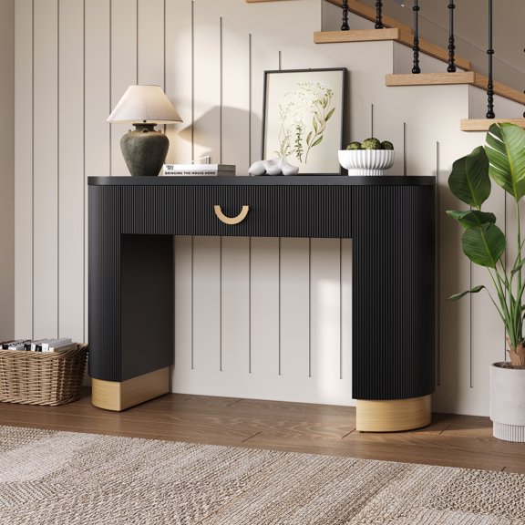 Christopher Knight Home Console Table with Vertical Ribbed Design, Drawer and Column Legs, Black