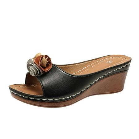 HTGFGMGW Women Footwear Women s Beach Slope Heel Slippers Hollow Casual Slippers Slope Bottom Shoes Retro Sandals Orthopedic Sandals for Women Reef Flip Flops Women Black