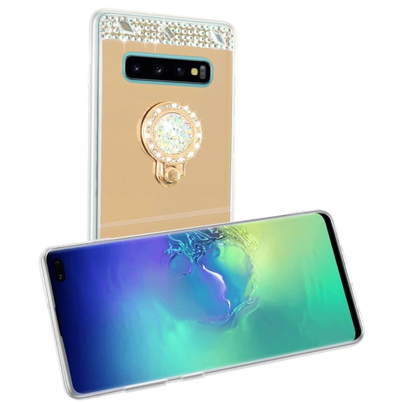 SOATUTO Glitter Case for Samsung S10 Plus Mirror Case with Ring Holder Kickstand for Girls Women Bling Shining Rhinestone Diamond Luxury Fashion Makeup Case for Samsung Galaxy S10 Plus - Gold