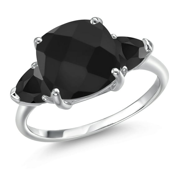 Gem Stone King 10K White Gold Black Onyx Engagement Ring for Women | 4.52 Cttw | Cushion Checkerboard 10MM | Gemstone December Birthstone | Size 7