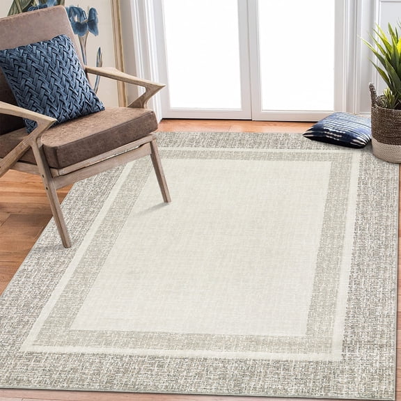 FairOnly 8'x10' Bordered Area Rugs for Living Room Washable Soft Rugs for Bedroom Modern Beige Indoor Floor Rug Non Shedding Throw Carpet