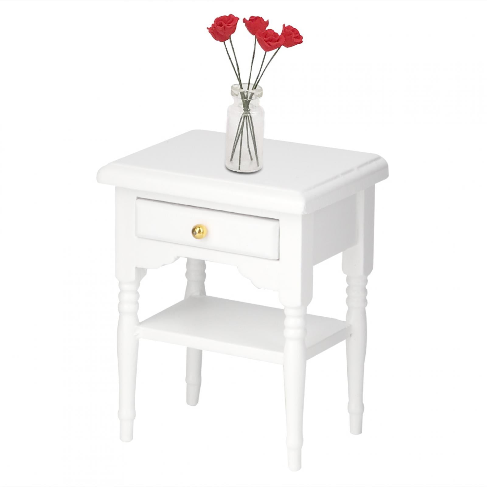 Octpeak Furniture Toy,Dollhouse Wood Bedside Table,  1:12 White Mini Bedroom Furnishing Articles Wooden Bedside Table with a drawer Model Kid Room