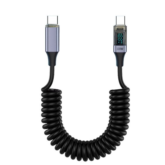 Spring Coiled USB C Cable 100W Rapid Charging Cable Speed Data Sync LED Display for Laptop Smartphones Phones