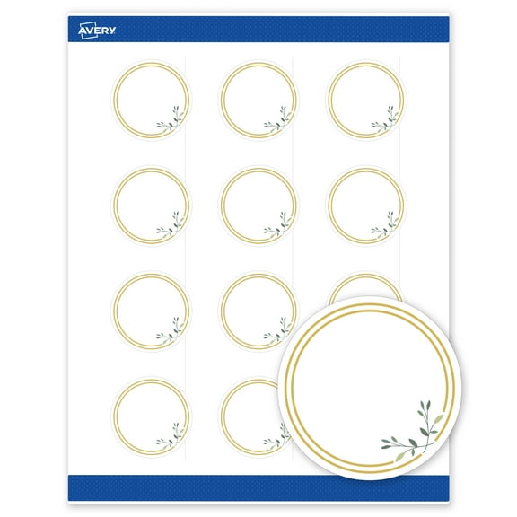 Avery Labels, 2" Diameter, Matte Gold Border w/ Florals, 120ct