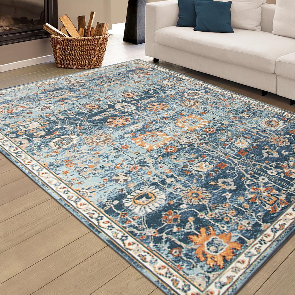 HomeRoots 9' X 12' Blue And Orange Floral Stain Resistant Indoor Outdoor Area Rug