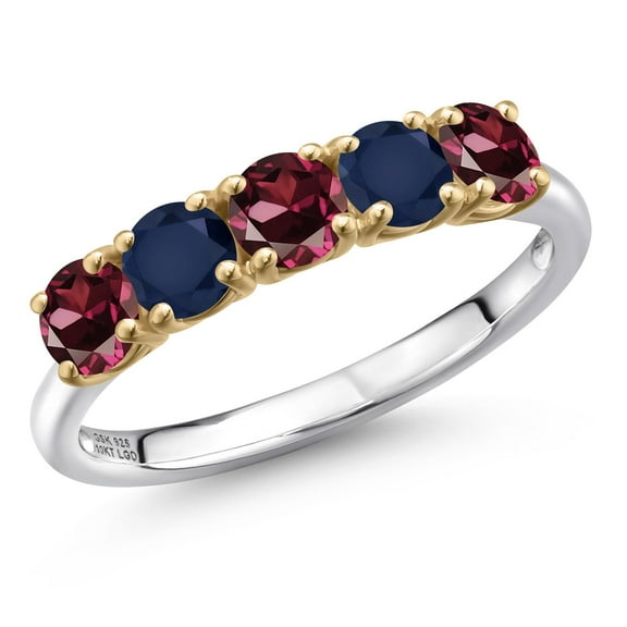 Gem Stone King 925 Silver and 10K Yellow Gold Red Rhodolite Garnet and Blue Sapphire Wedding-Bands Ring for Women | 1.81 Cttw | Round 4MM | Gemstone January Birthstone | Size 7