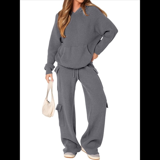 Conjunto de Dos Piezas de Pijama y Pantalón de Felpa de Larga para Mujer. Incluye: Suéter, Pantalón y Traje Informal. Gris XL