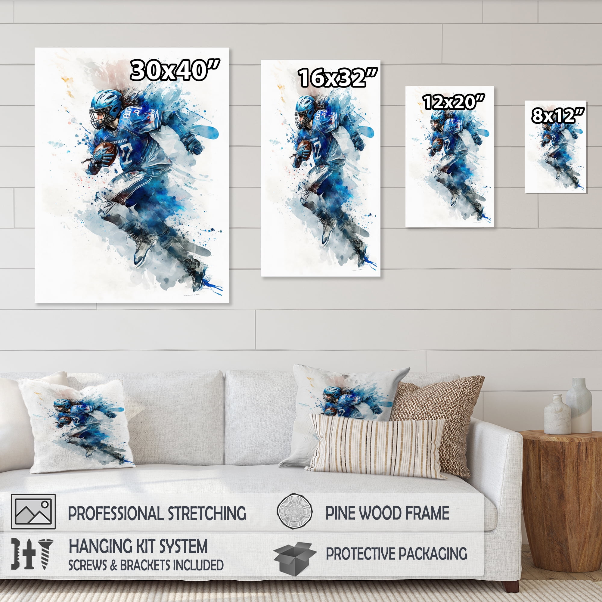 Designart Football Player On Field Running Canvas Wall Art