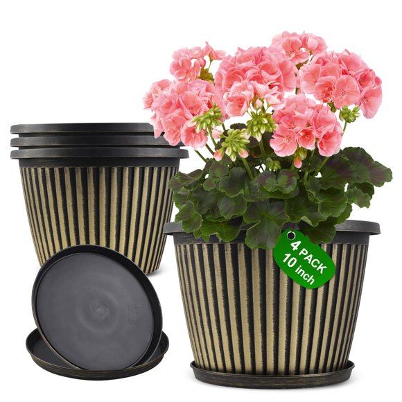 10 Inch Planter-Pots-for-Plants-Indoor-Outdoor, 4 Pack Plastic Flower Pots with Saucer & Drainage Holes, Modern Decorative Resin Garden Pots for Planting Medium Large Pla