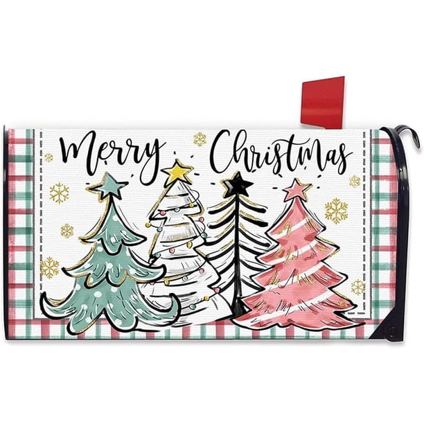 Cubierta de buzón con diseño de árboles de Navidad, magnética, tamaño estándar, 21 x 18 pulgadas, copos de nieve navideños, cuadros de búfalo, decoración decorativa para buzón, decoración para