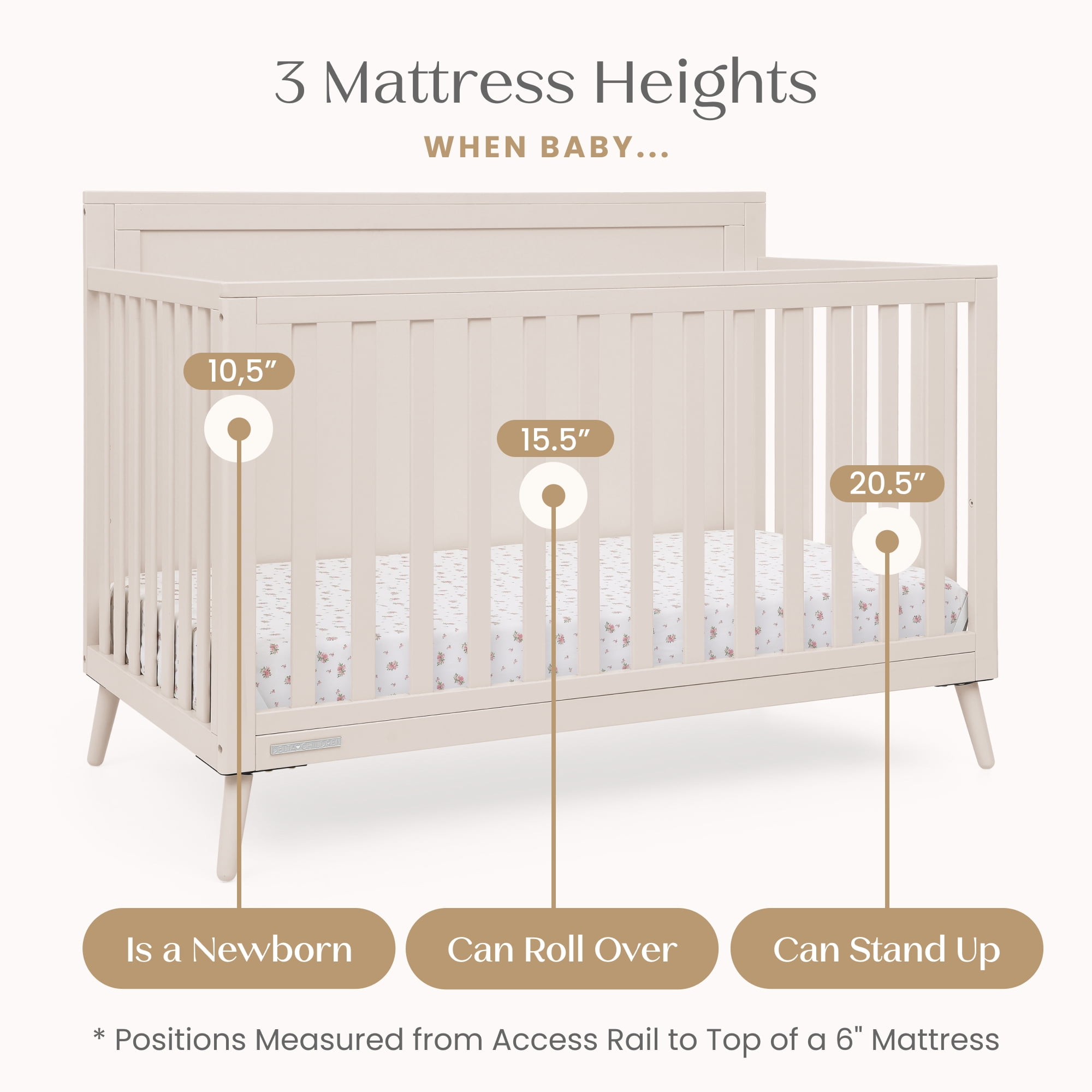 Delta Children Lola 6-in-1 Convertible Crib - Converts from Baby Crib to Toddler Bed, Daybed, Sofa Bed and Full-Size Bed With and Without Footboard, Fits Standard Full-Size Crib Mattress, Soft Beige