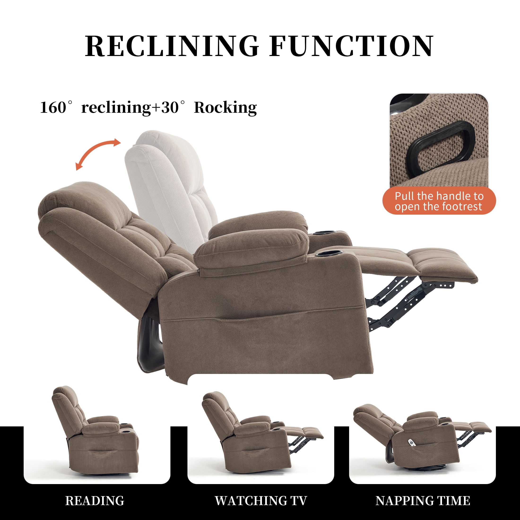 Swivel Rocker Recliner Chair for Adults with Massage and Heat, Cup Holders and Side Pockets, Glider Rocking Reclining Single Sofa Chair for Living Room (Coffee)