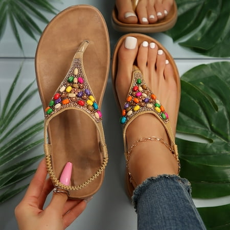 

YOUSNH Roman Sandals Women s Summer Retro Flat Comfortable Flip Toe Rhinestone Thong sandals for Women 2024 Yellow 6.5(37)