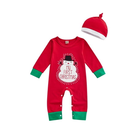 

0-24M Baby Girl Boy My First Christmas Letter Snowman Print Long Sleeve Romper With Hat Outfits