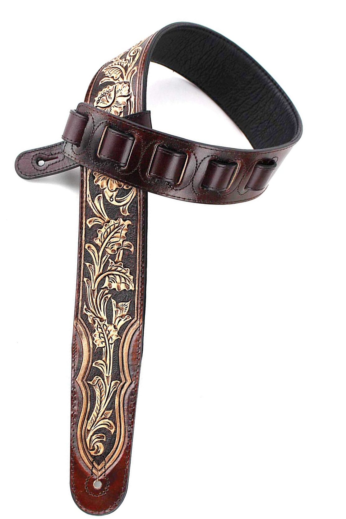 Walnut Brown Carving Leather Padded Guitar Strap With Hand Carved Traditional Western Tooling WW-KH-02-BRN