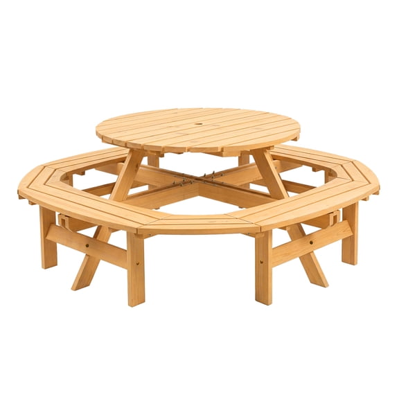 8-Person Wooden Round Picnic Table with 4 Built-In Benches and Umbrella Hole for Garden Patio Backyard Walnut