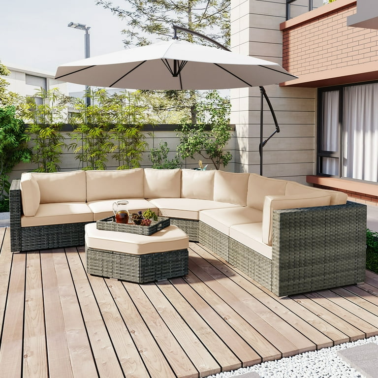 Euroco 1100lbs Patio Set Half Moon All Weather Wicker Sofa with Ottoman and No Slip