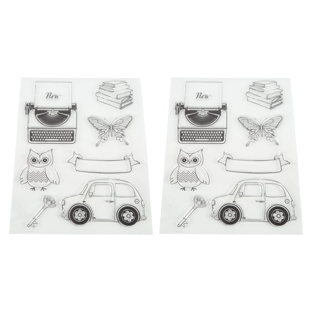 Sellos transparentes de bricolaje, sellos de sellos transparentes de silicona con patrones de búho de coche de máquina de escribir de impresión transparente, para álbumes de fotos de bricolaje, 2 piez
