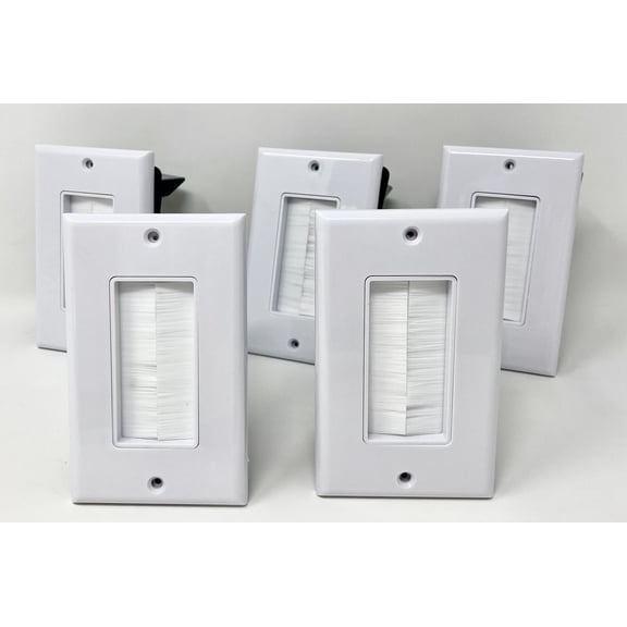 RiteAV - Single Gang Wall Plate with Brush Bristles - White [Now Fits Larger Cables] with Mounting Bracket - 5 Pack