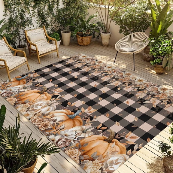 Orange Pumpkins Fall Outdoor Rug 6x9 Ft - Reversible Patio Rug Outdoor Camping Rugs, Plaid Thanksgiving Leaves Floral Washable Indoor Outdoor Area Rugs, Non-Slip Outdoor Carpet Runner for Deck/Porch