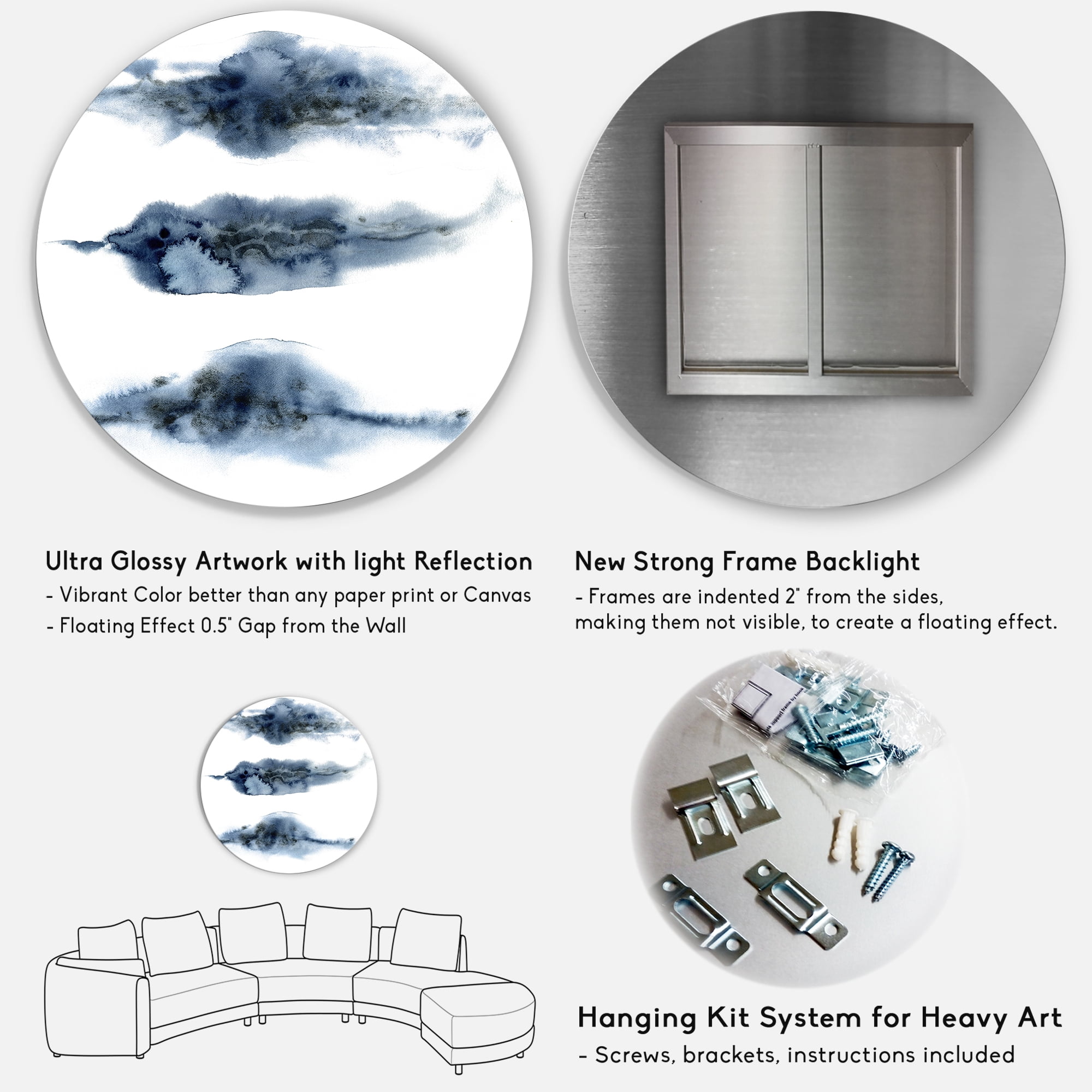 Designart 'Abstract Of Clouds Dark Blue Colored V' Modern Circle Metal Wall Art 36x36 - Disc of 36