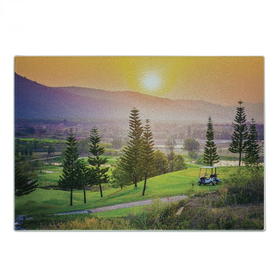 Nature Cutting Board, Golf Resort Park in Spring Season Trees Sunset Hills and Valley End of the Day, Decorative Tempered Glass Cutting and Serving Board, Small Size, Multicolor, by Ambesonne