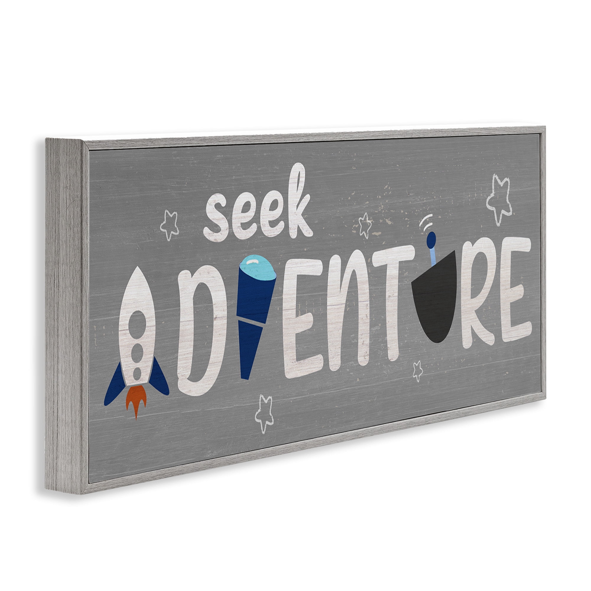 Stupell Industries Seek Adventure Imagination Sentiment Art for Kids Painting Gray Framed Art Print Wall Art, 24 x 10