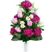 Sympathy Silks Artificial Spring Cemetery Flowers Pink Rose and Beauty Mum Bouquet