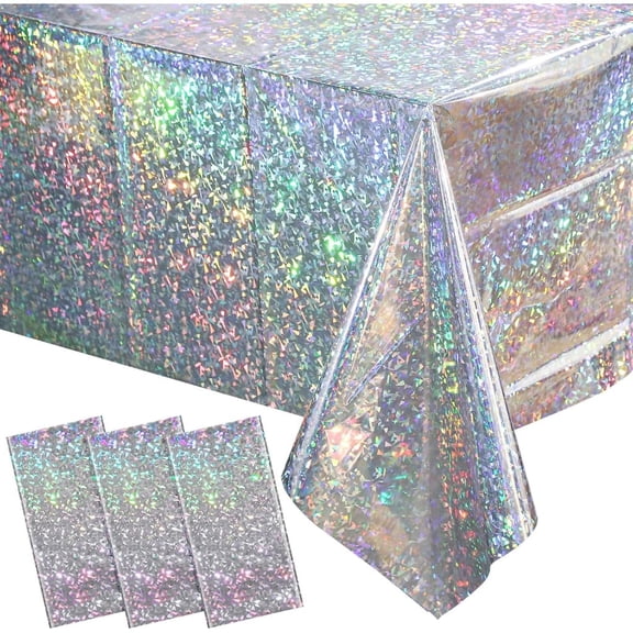3 Pack New Iridescent Silver Tablecloth Party Decorations, Holographic Silver Glitter Plastic Tablecloth, Disposable Laser Rectangle Table Cover for Disco Birthday 70s Theme Party Decorations, 54x108